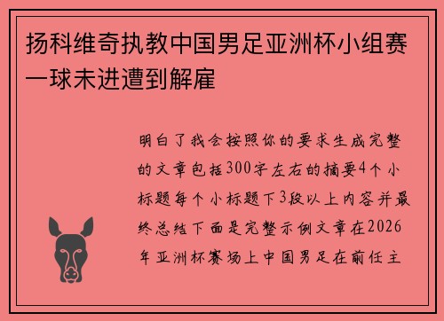 扬科维奇执教中国男足亚洲杯小组赛一球未进遭到解雇 扬科维奇执教中国男足亚洲杯小组赛一球未进遭到解雇